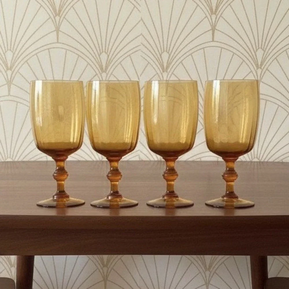 Amber Ribbed Optic Wine Glasses, Set of 4, Vtg Stemware, Replacement Drinkware